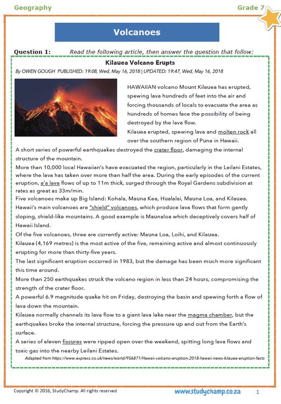 Grade 7 Geography Worksheet: Volcanoes