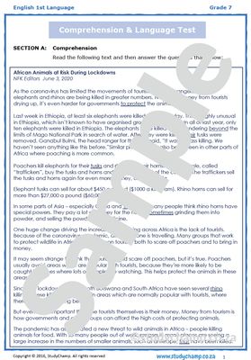 Grade 7 English Comprehension: Animals and COVID-19