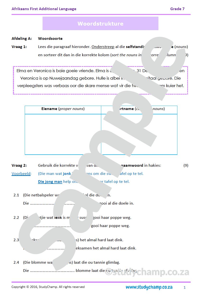 Grade 7 Afrikaans Mid-year Exam Revision: Language