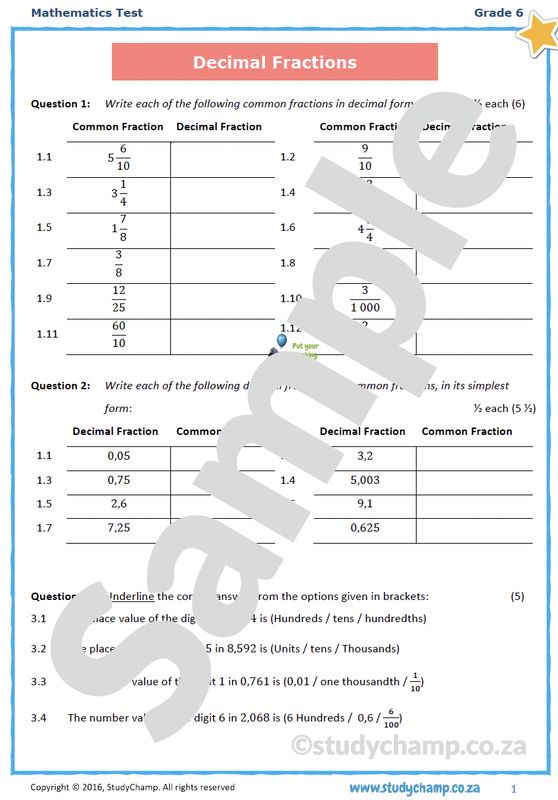Grade 6 Maths Test: Decimal Fractions