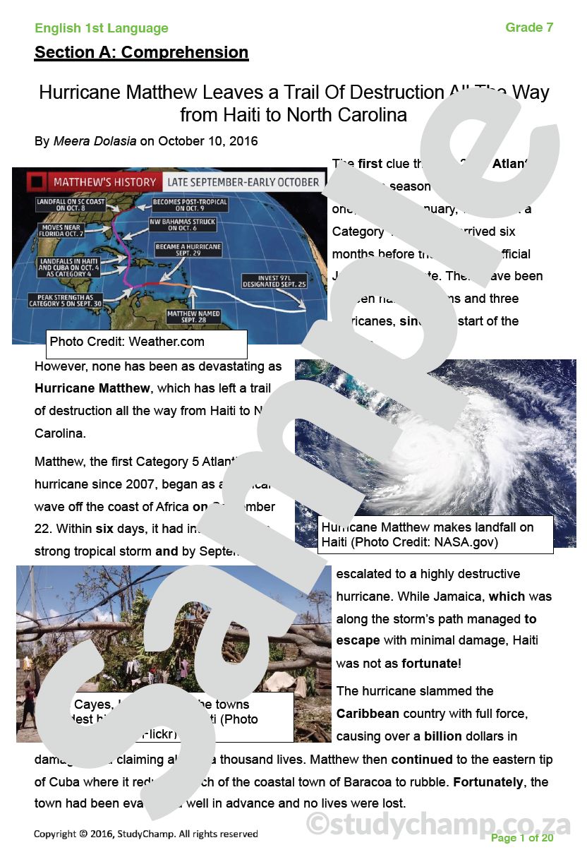 Grade 7 English Year-end Exam Revision:  Comprehension, Language and Grammar 1