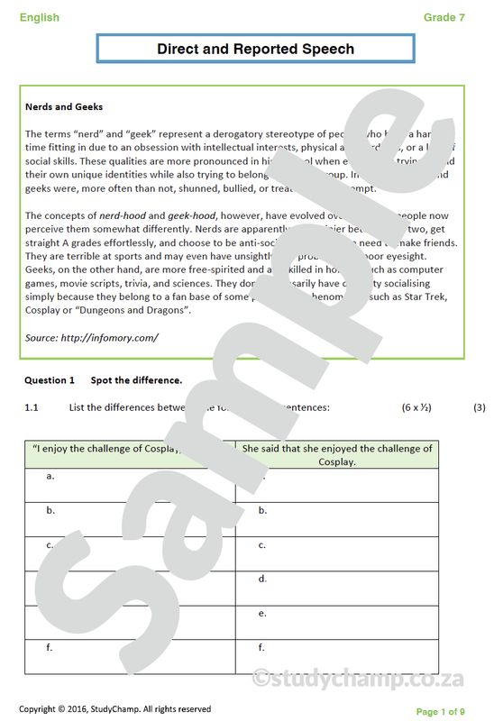 Grade 7 English Worksheet: Direct and Indirect Speech
