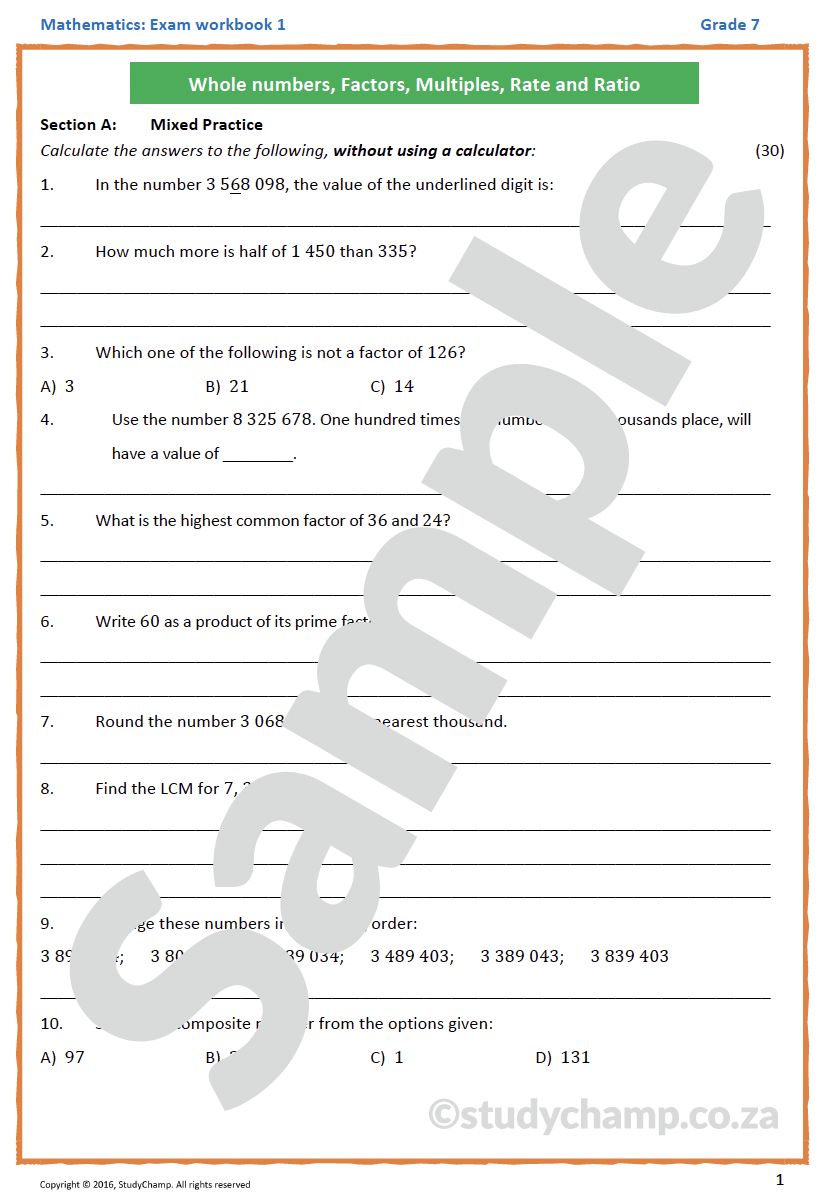 Grade 7 Mathematics Year-end Exam Revision: Workbook 1