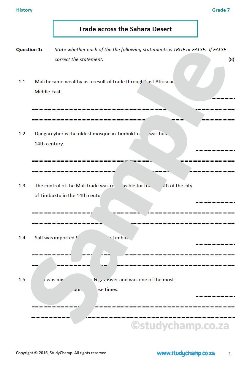 Grade 7 History Test: Trade across the Sahara Desert