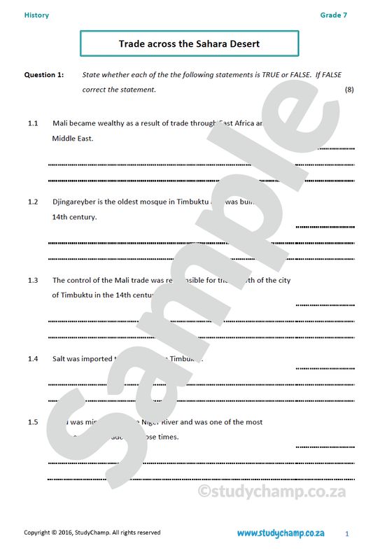 Grade 7 History Test: Trade across the Sahara Desert