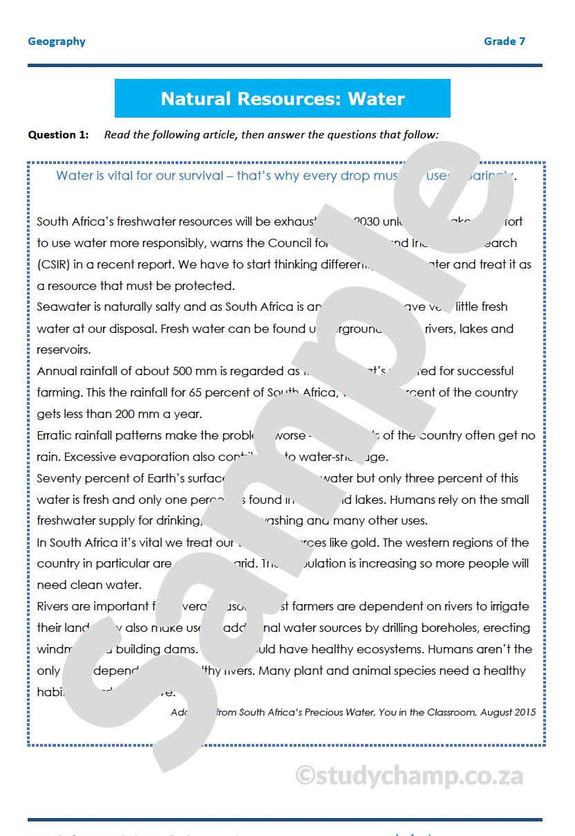 Grade 7 Geography Test: Water Resources