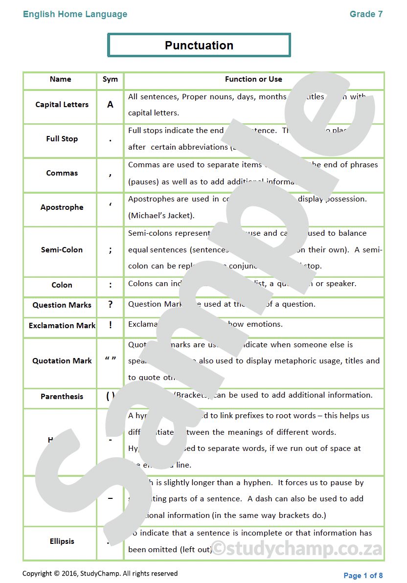 Grade 7 English Worksheet: Punctuation