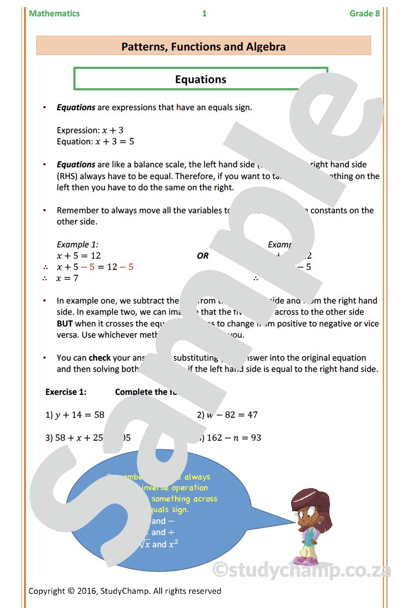 Grade 8 Mathematics Worksheet: Algebraic Expressions and Equations