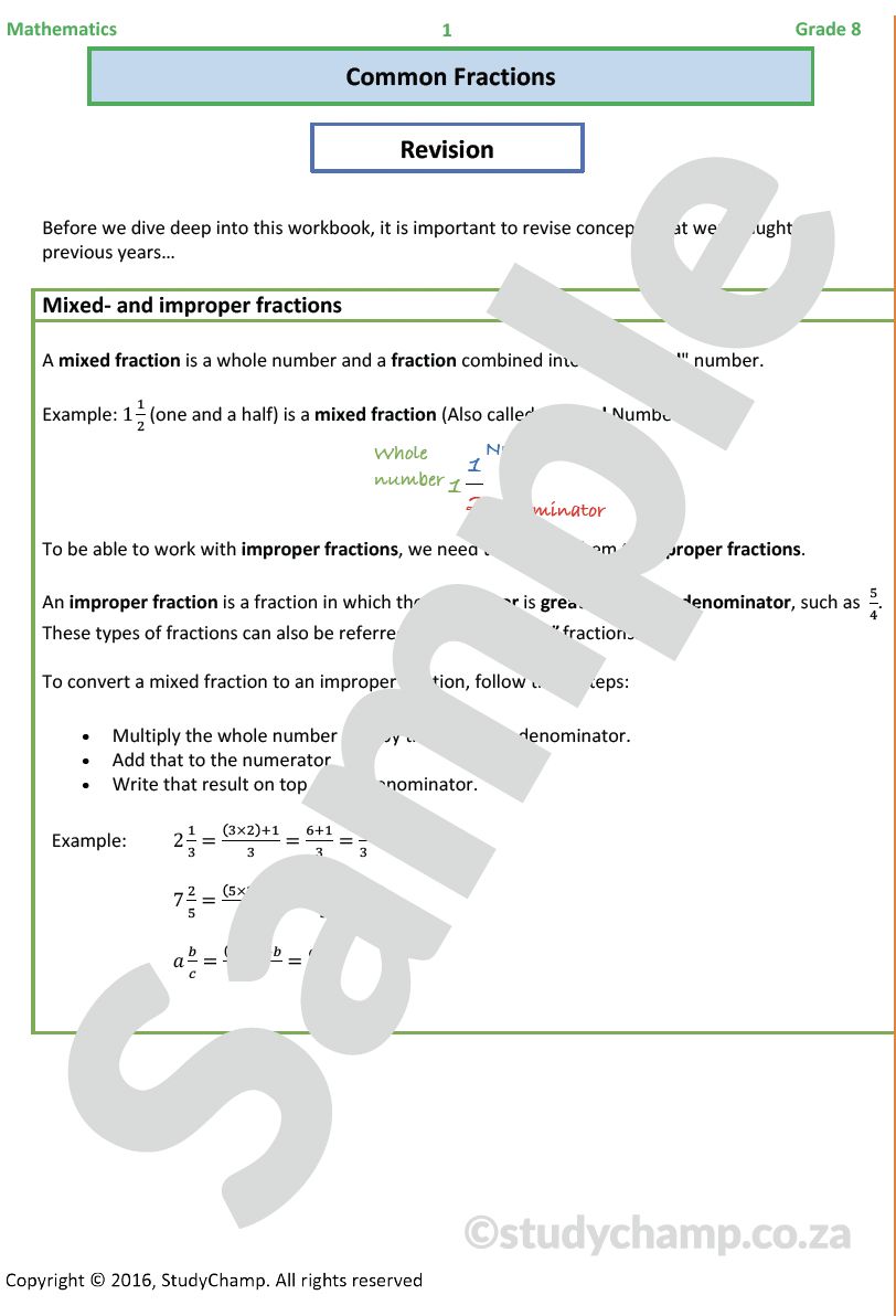 Grade 8 Mathematics Worksheet: Common Fractions
