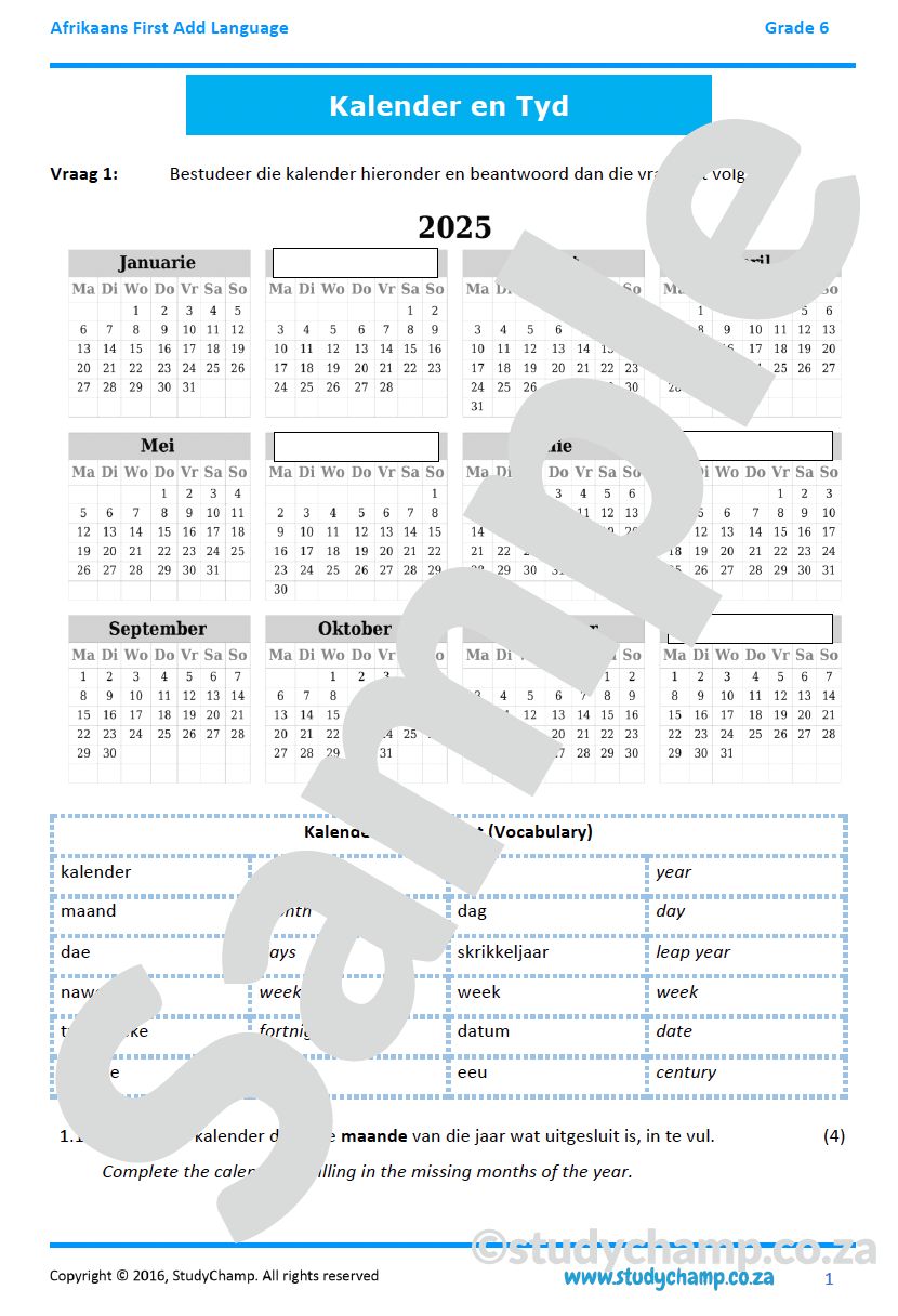 Grade 6 Afrikaans: Kalender en Tyd