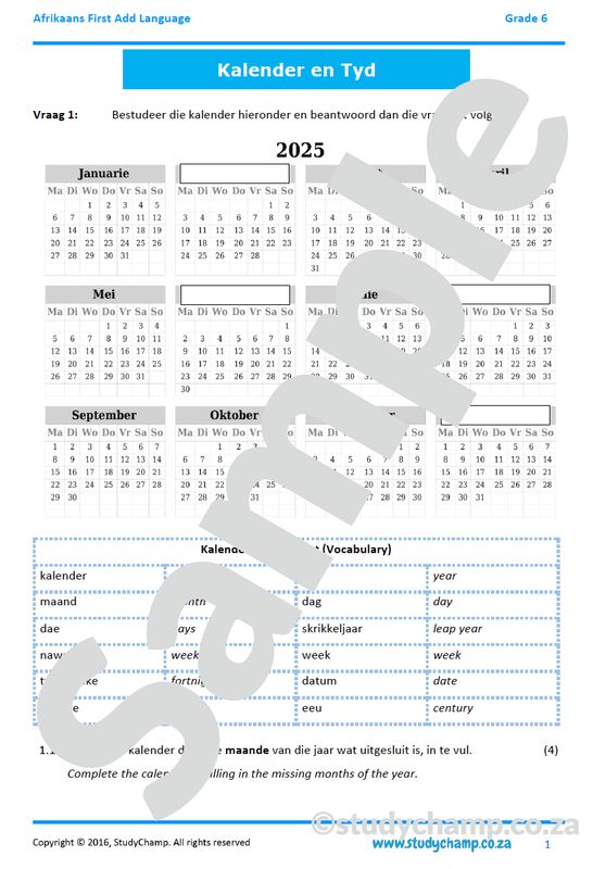 Grade 6 Afrikaans: Kalender en Tyd