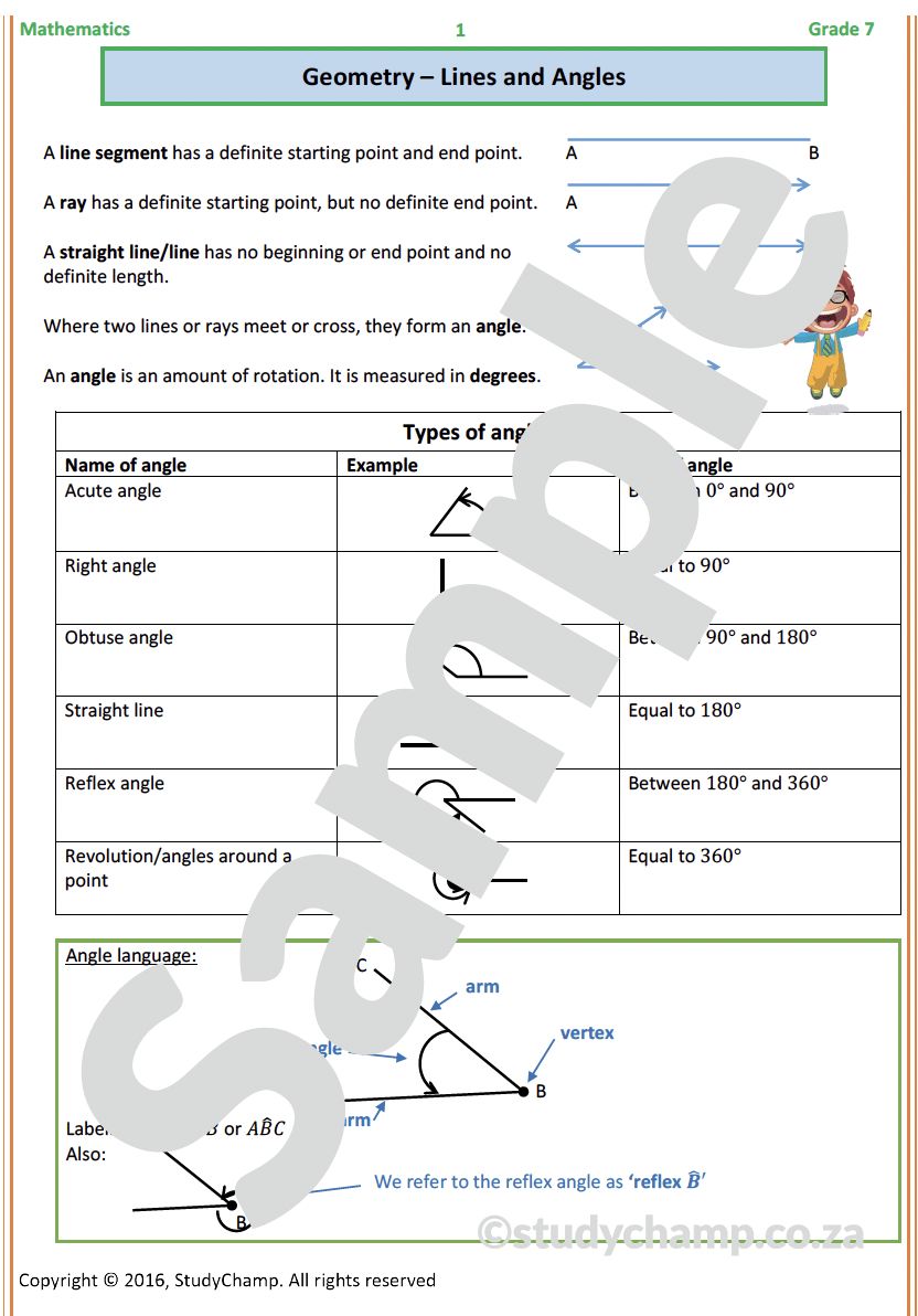 Grade 7 Mathematics Worksheet: Geometry - Lines and Angles