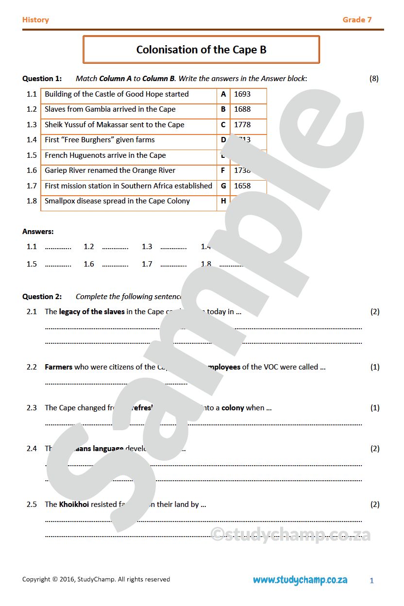 Grade 7 History Test: Cape Colonisation B