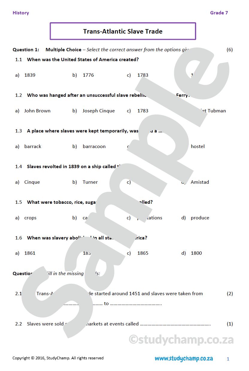 Grade 7 History Test: Trans-Atlantic Slave trade