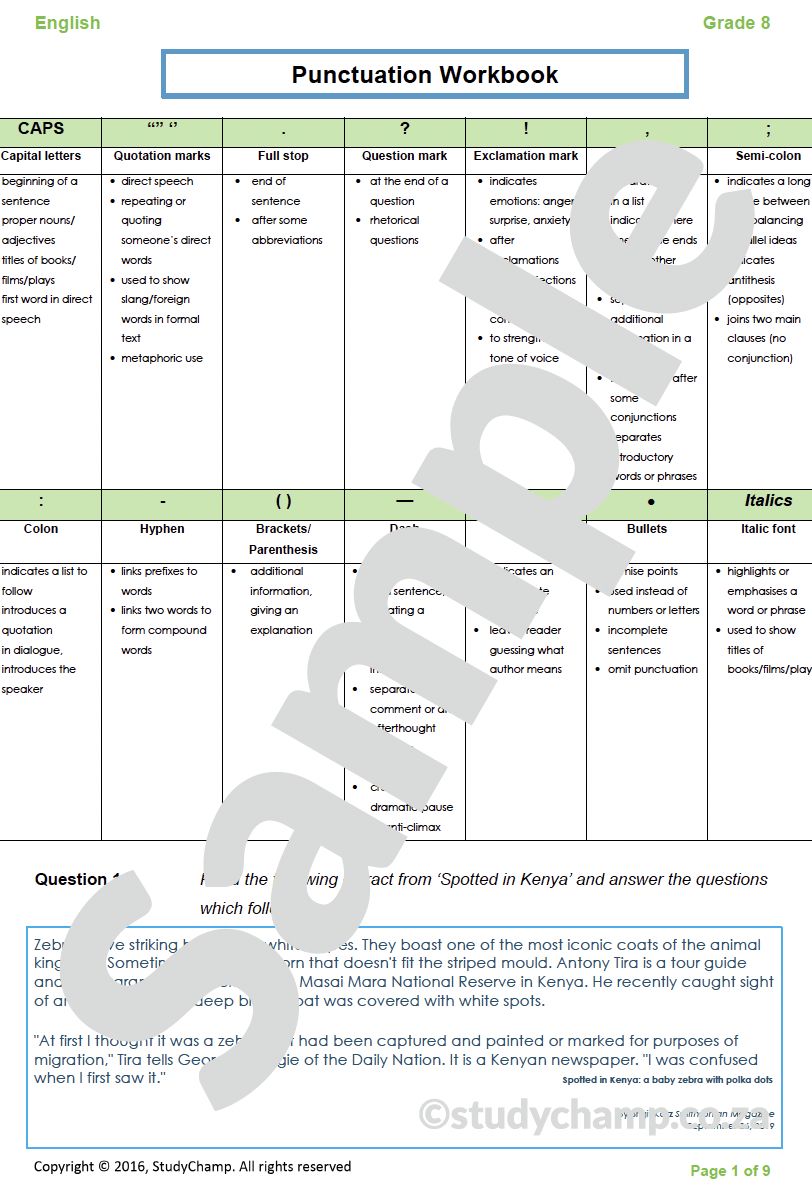 Grade 8 English Worksheet: Punctuation