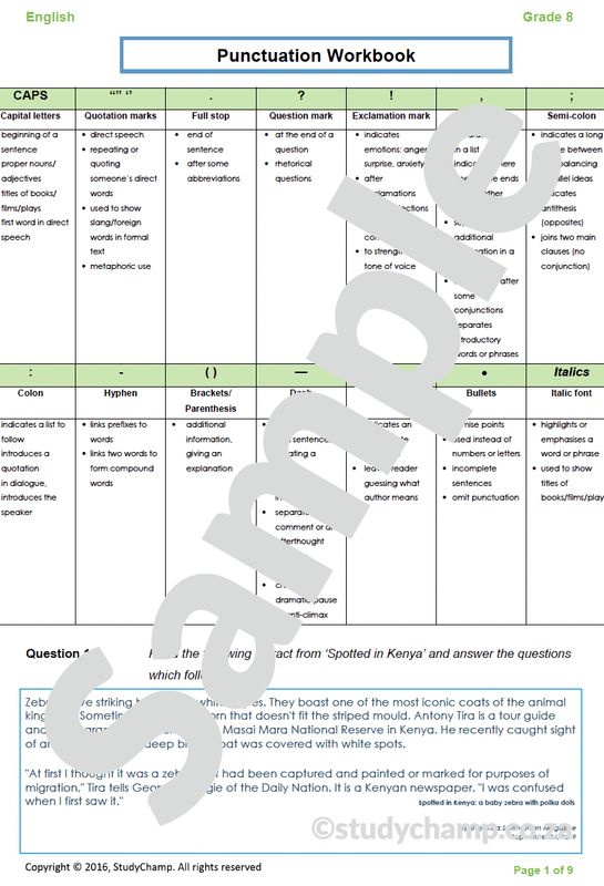 Grade 8 English Worksheet: Punctuation