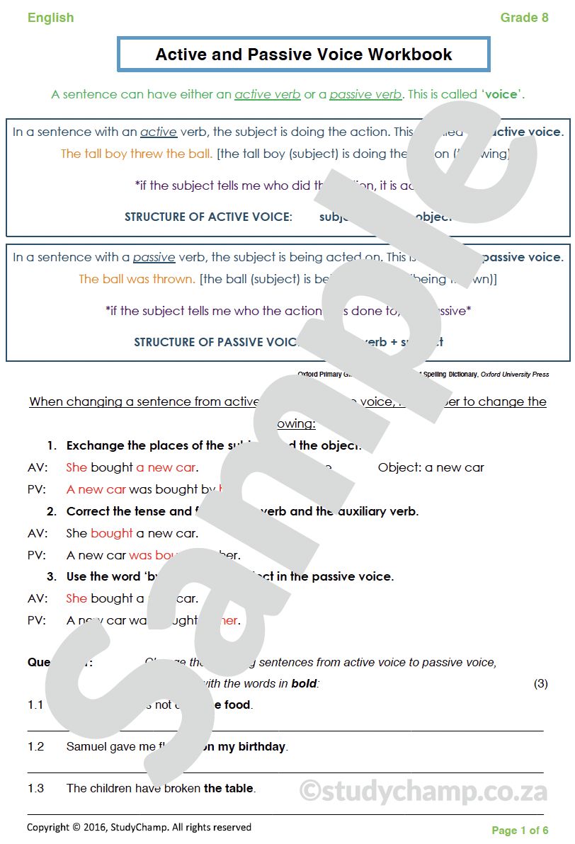 Grade 8 English Worksheet: Active and Passive Voice