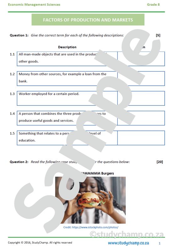 Grade 8 EMS Test: Factors of Production and Markets