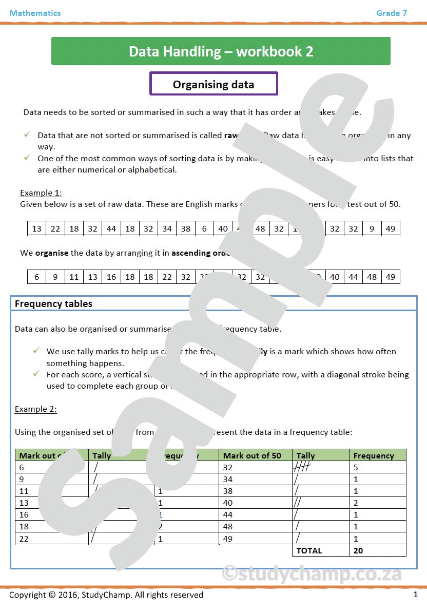 Grade 7 Mathematics Worksheet: Data Handling 1