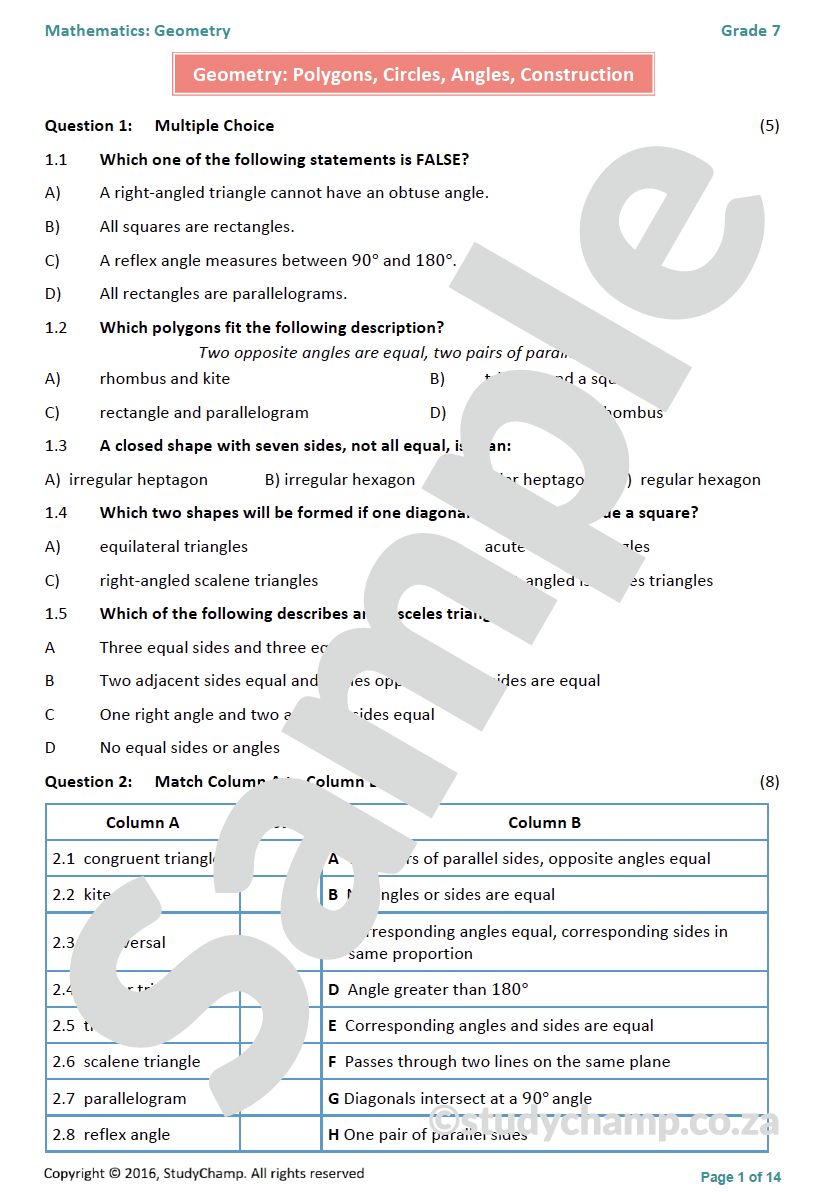 Grade 7 Mathematics Mid-year Exam Revision: Workbook 3