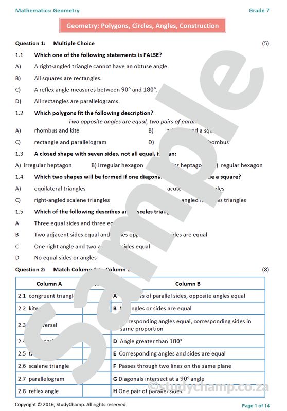 Grade 7 Mathematics Mid-year Exam Revision: Workbook 3