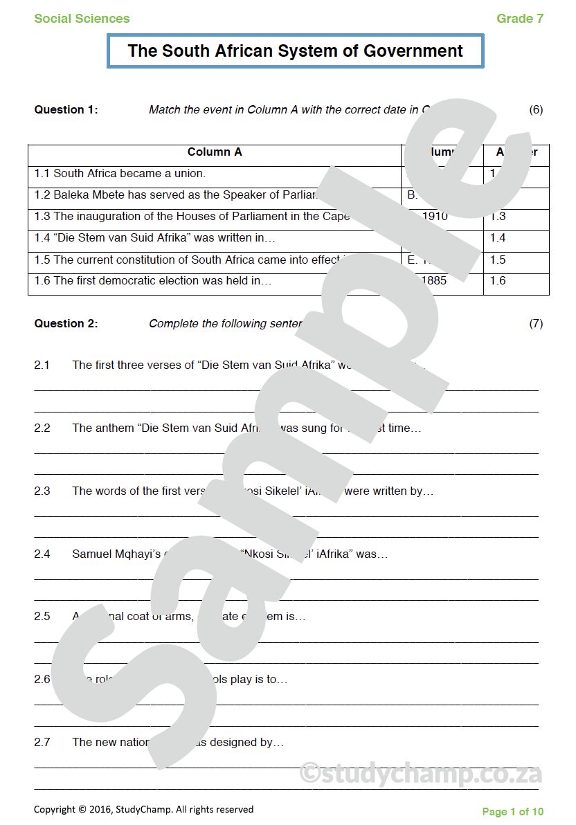 Grade 7 History Test: South African Government