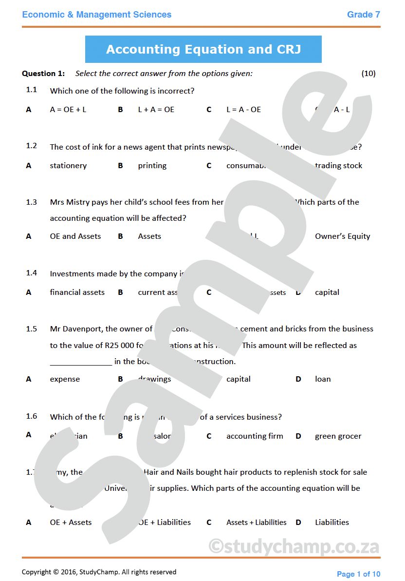 Grade 7 EMS Test: Accounting Equation and CRJ