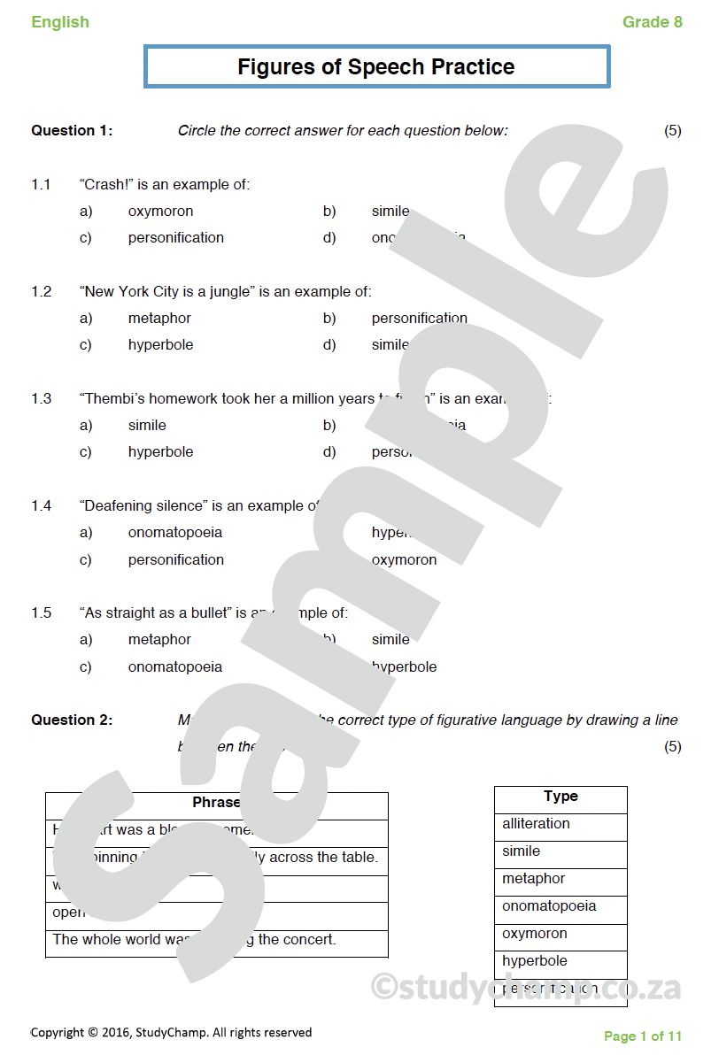 Grade 8 English Worksheet: Figures of Speech