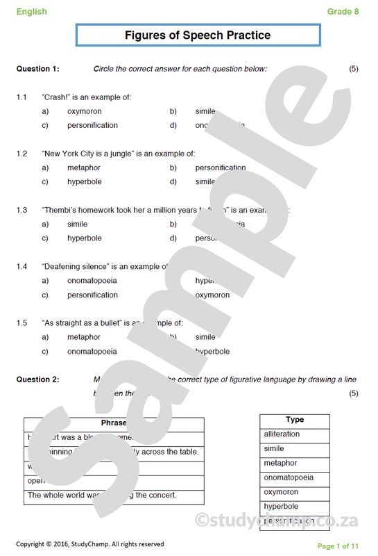 Grade 8 English Worksheet: Figures of Speech
