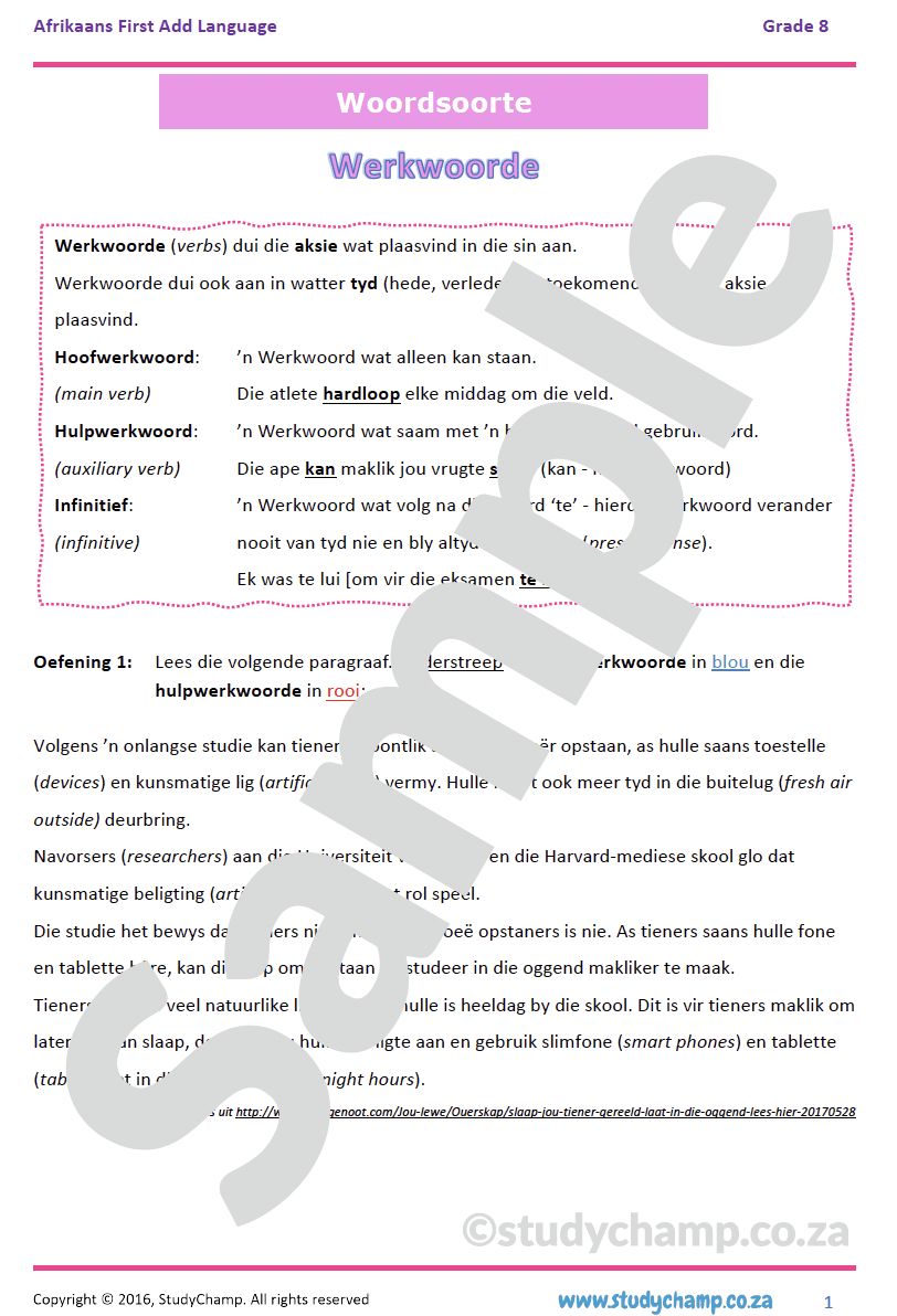 Grade 8 Afrikaans: Werkwoorde en Bywoorde