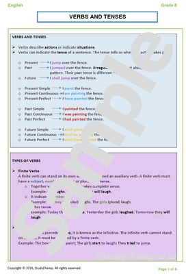 Grade 8 English Worksheet: Verbs and Tenses