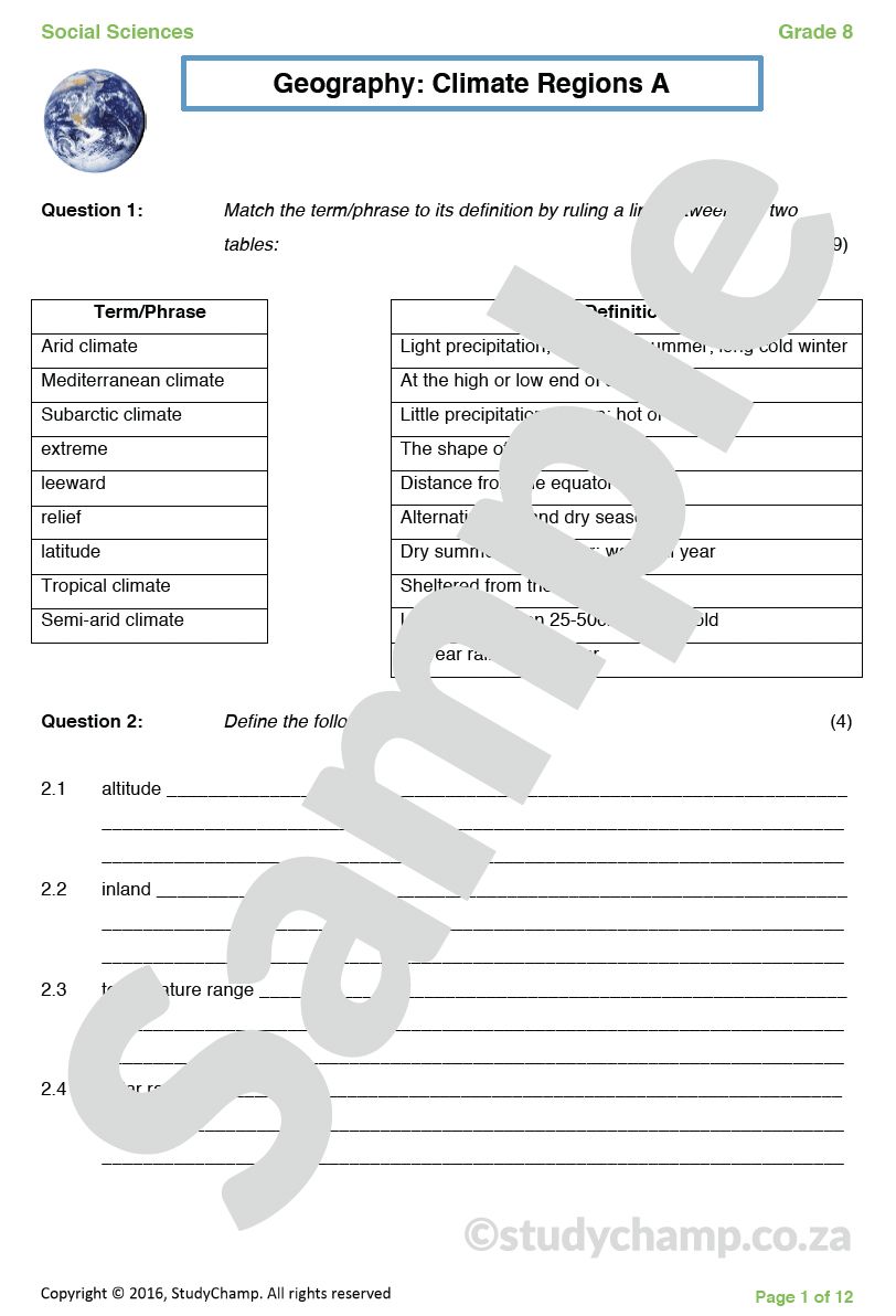 Grade 8 Geography Test: Climate Regions 1