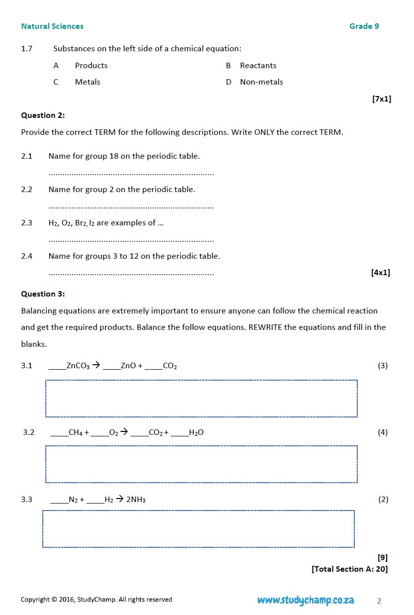 Grade 9 Natural Sciences Test: Compounds and Chemical Reactions