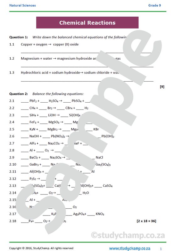 Grade 9 Natural Sciences Test: Chemical Reactions