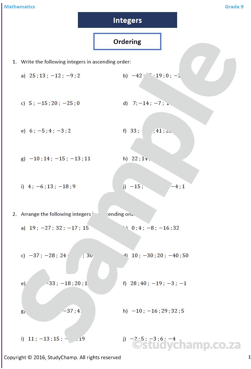Grade 9 Mathematics Worksheet: Integers 1