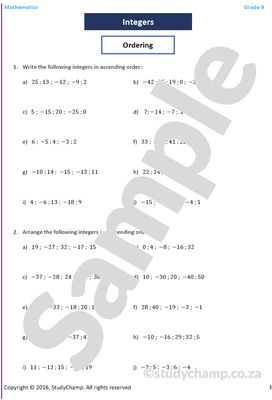 Grade 9 Mathematics Worksheet: Integers 1