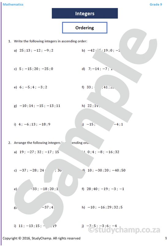 Grade 9 Mathematics Worksheet: Integers 1