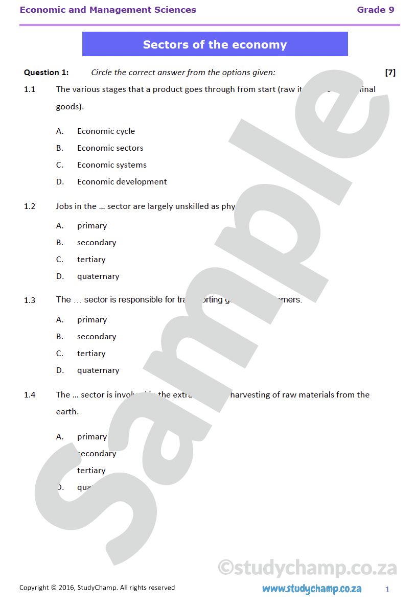 Grade 9 EMS Test: Sectors of the Economy