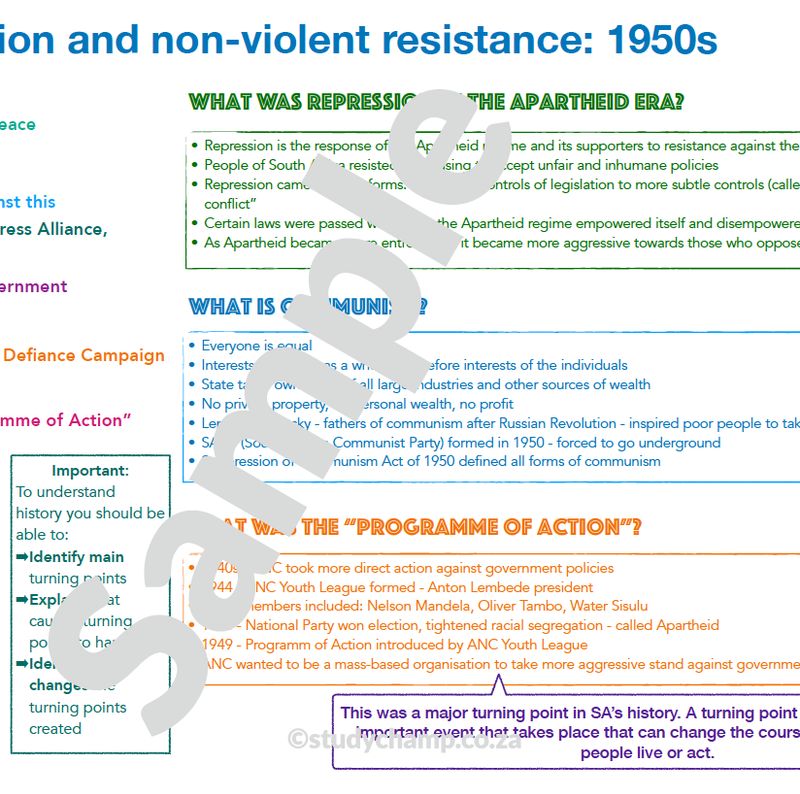 Grade 9 History Summary: Repression and Non-violent resistance - 1950s