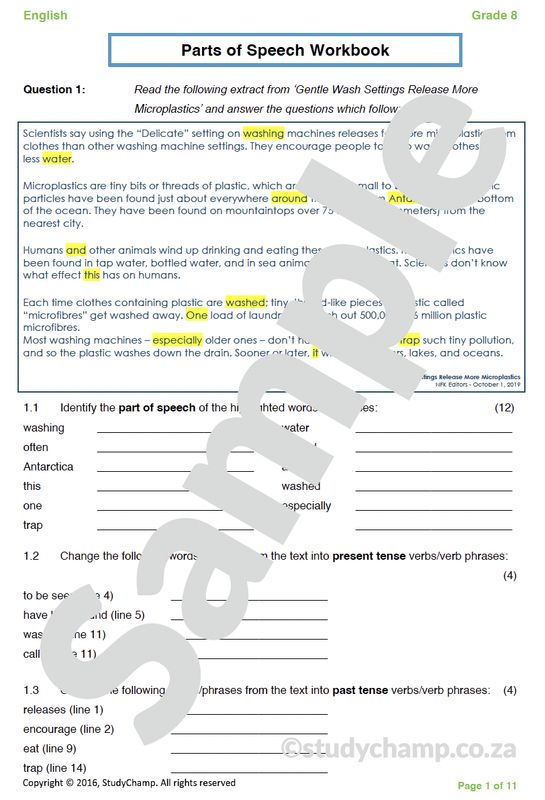 Grade 8 English Worksheet: Parts of Speech Application