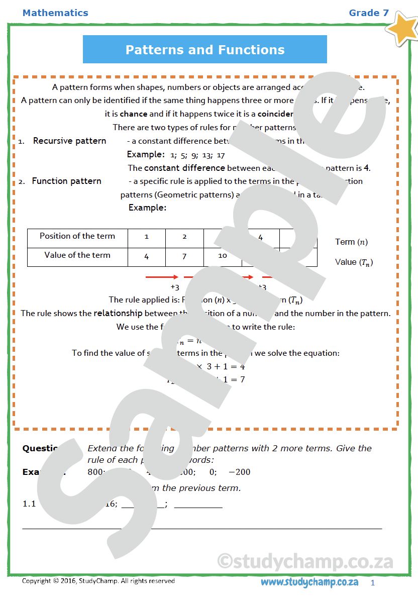 Grade 7 Mathematics Worksheet: Number patterns