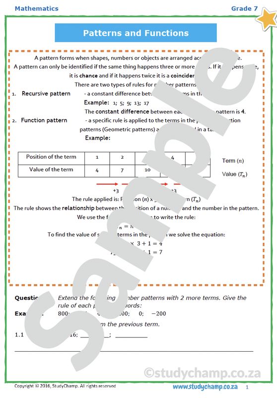 Grade 7 Mathematics Worksheet: Number patterns
