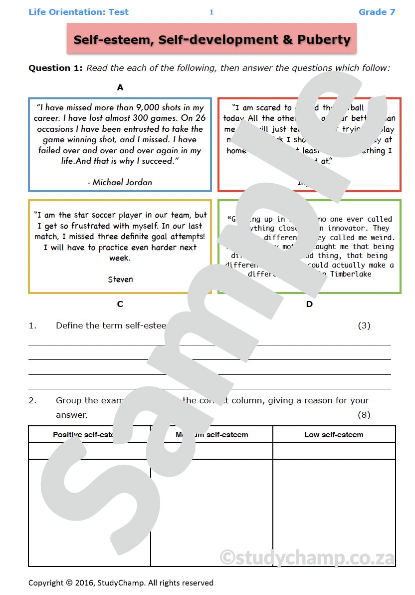 Grade 7 Life Orientation Test: Self-concept
