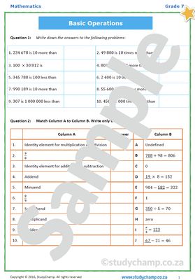 Grade 7 Mathematics Worksheet: Number concepts and Operations