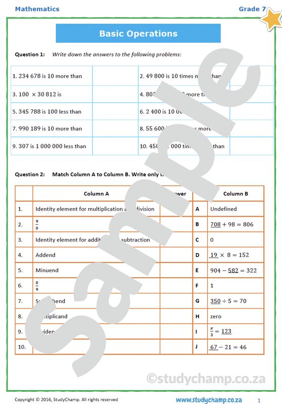 Grade 7 Mathematics Worksheet: Number concepts and Operations