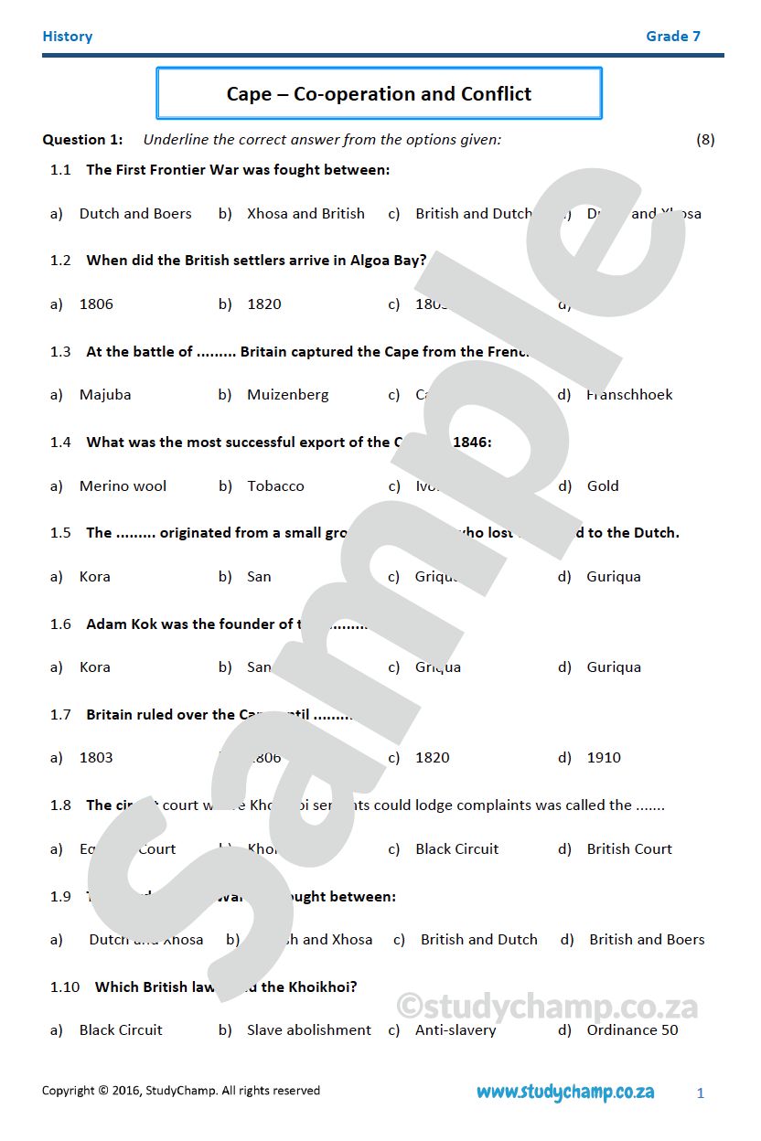 Grade 7 History Test: Cape Colonisation - Co-operation and Conflict
