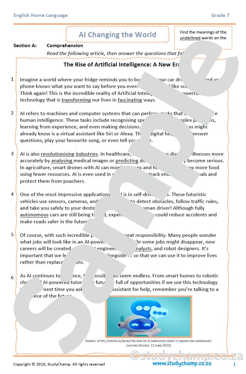 Grade 7 English Comprehension: Artificial Intelligence