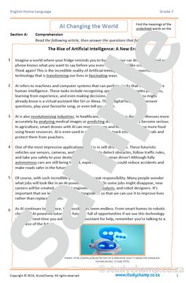 Grade 7 English Comprehension: Artificial Intelligence
