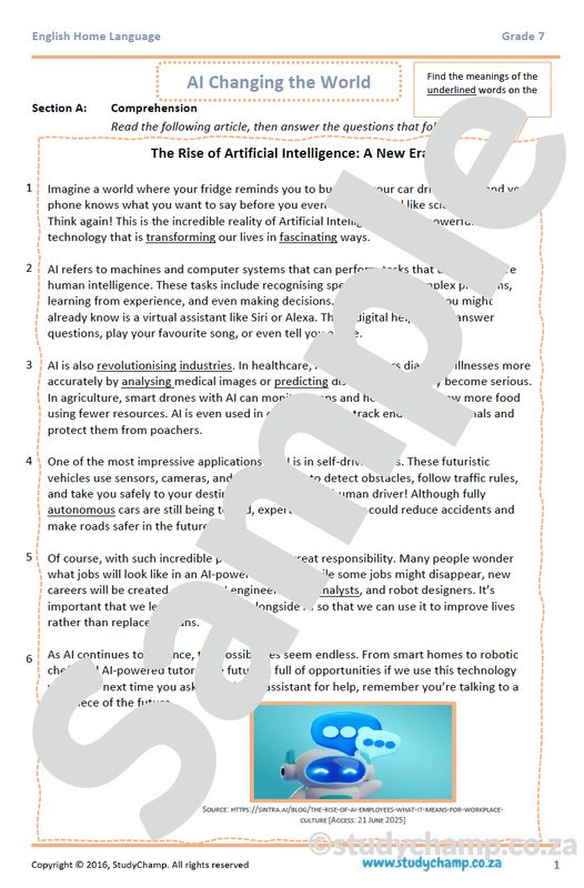 Grade 7 English Comprehension: Artificial Intelligence