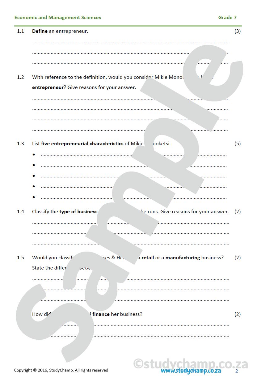 Grade 7 EMS Test: Entrepreneurs and new businesses